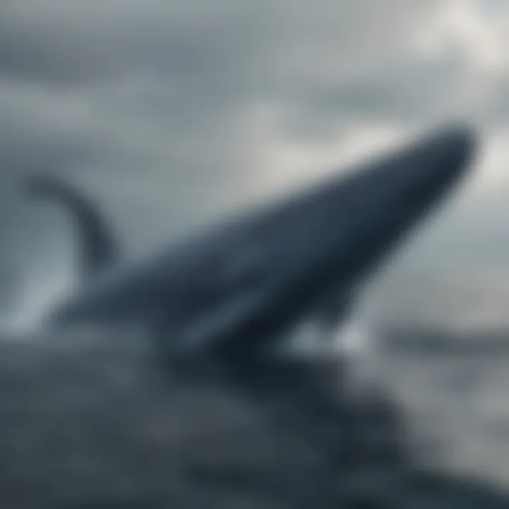A majestic blue whale swimming gracefully in the ocean depths, showcasing its immense size and elegance.