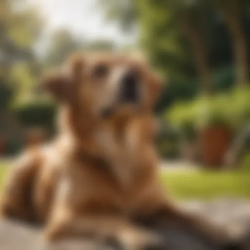 A serene scene of a laid-back dog lounging in a sunlit garden.