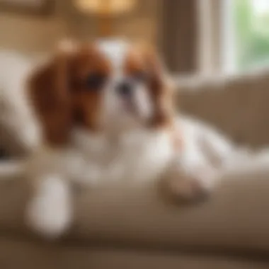 Cuddly Cavalier King Charles Spaniel relaxing on a sofa