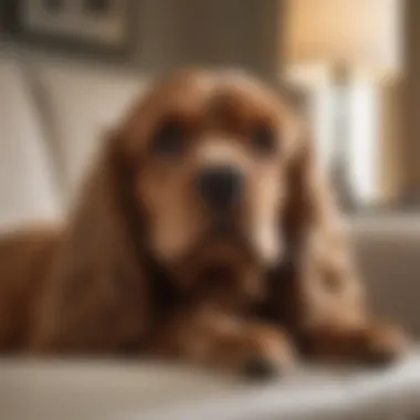 A Cocker Spaniel's Calm and Cozy Moment A serene Cocker Spaniel resting on a cozy couch, illustrating its calm demeanor.