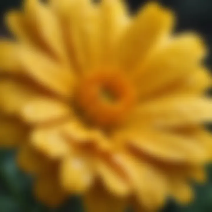 A detailed view of a yellow marigold with dew drops