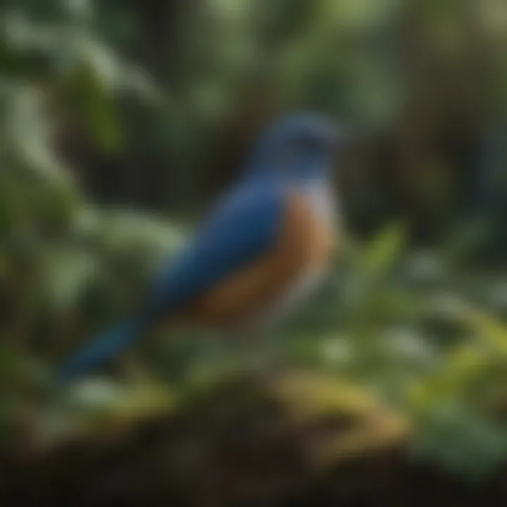 A blue bird in its natural habitat, surrounded by lush greenery.