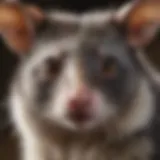 A close-up view of a possum in its natural habitat, showcasing its distinct fur pattern and curious expression.