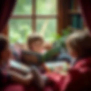 Children Enjoying Dragon Tales A cozy reading nook with children immersed in dragon storybooks