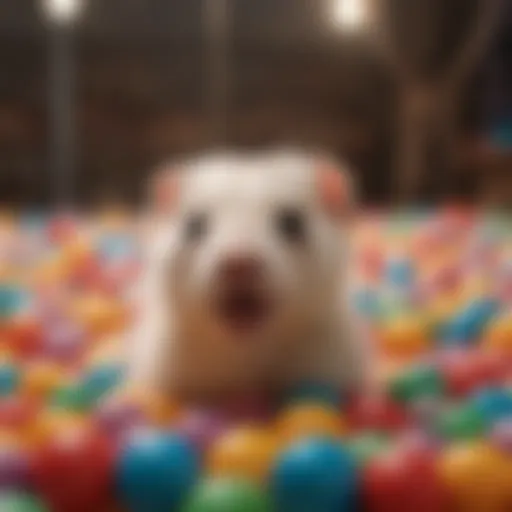 Ferrets playing in a vibrant ball pit