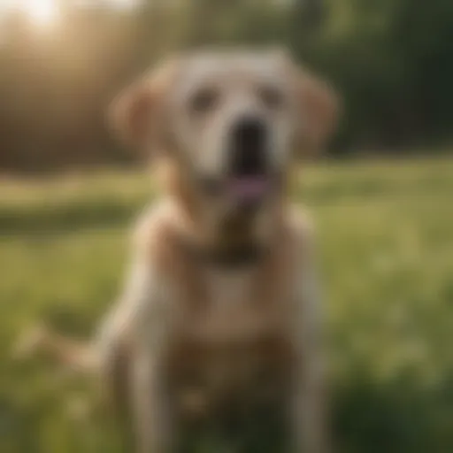 A Labrador Retriever playing in a grassy field