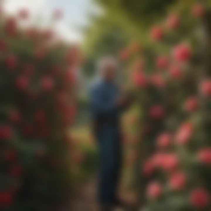 Gardener tending to roses on a trellis, emphasizing maintenance techniques