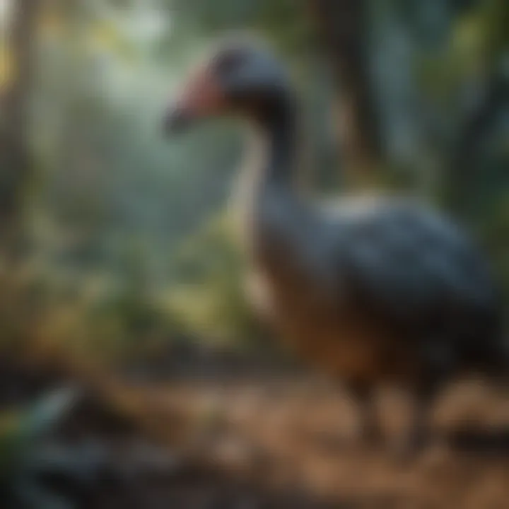 An artistic representation of a dodo bird in its environment