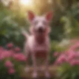 A pink dog playing in a vibrant garden