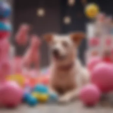 A pink dog surrounded by colorful toys