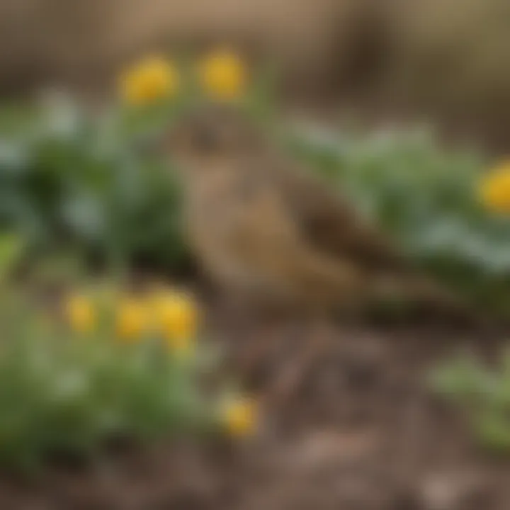 A close-up of a pipit foraging on the ground among various plants.