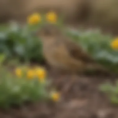 The Foraging Behavior of Pipits A close-up of a pipit foraging on the ground among various plants.