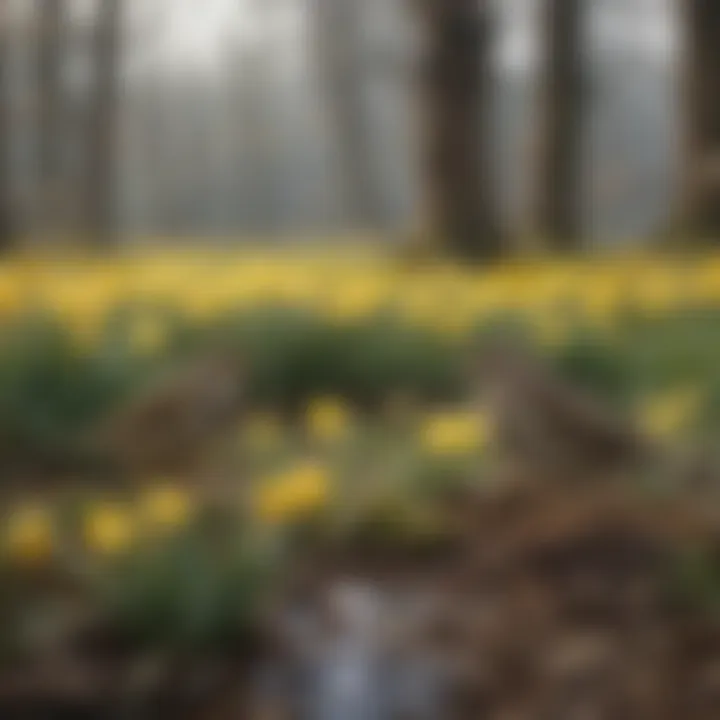 A landscape featuring both pipits and daffodils coexisting in a rich ecosystem.