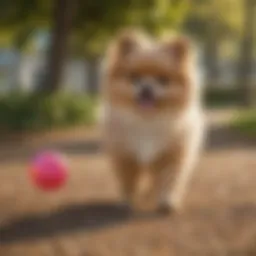 A playful Pomapoo engaging in a game of fetch in a sunny park.