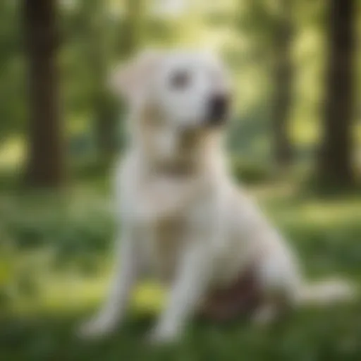 A serene white cream retriever sitting gracefully in a lush green park