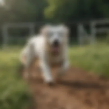 Training Dynamics: Mastering Agility with a White Cream Retriever A trainer guiding a white cream retriever through an agility course