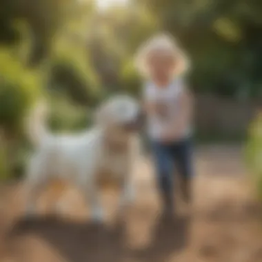 A white cream retriever playing joyfully with a child in a sunny backyard