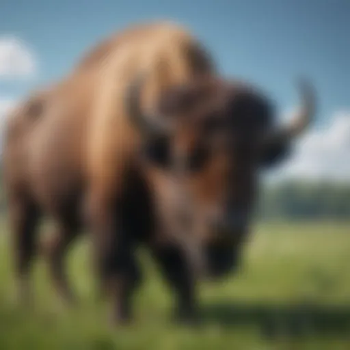 A majestic bison grazing in a lush green meadow under a blue sky