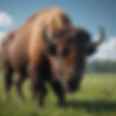 Majestic Bison in Natural Habitat A majestic bison grazing in a lush green meadow under a blue sky
