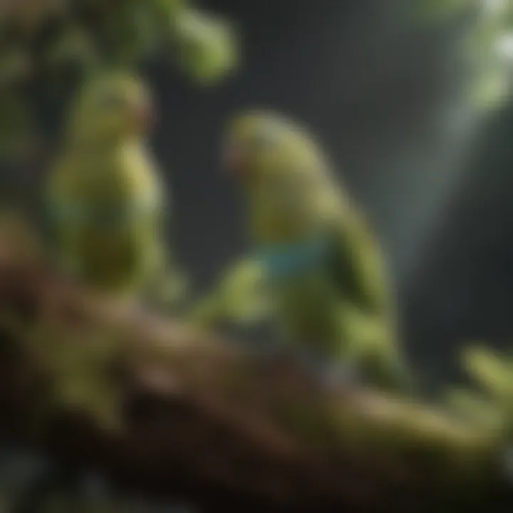 A serene image of a parakeet interacting with its environment, showcasing its playful nature