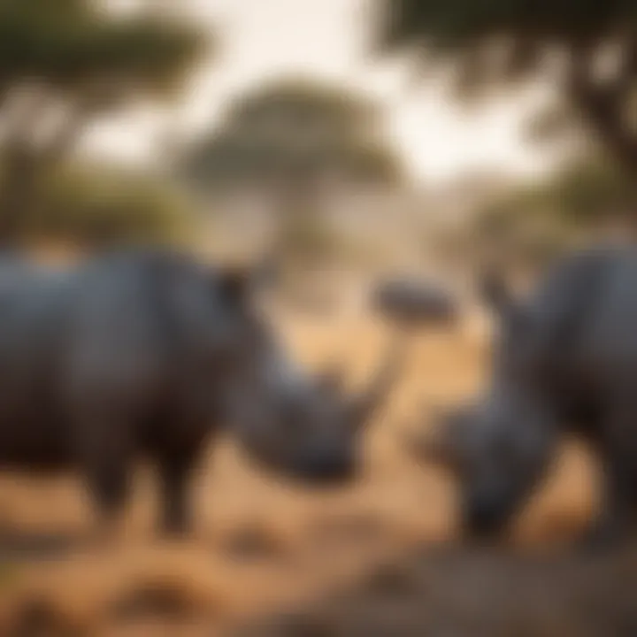 A group of rhinos grazing in a lush savannah