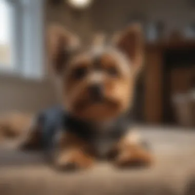 A serene moment of a Yorkie resting in a cozy home environment.