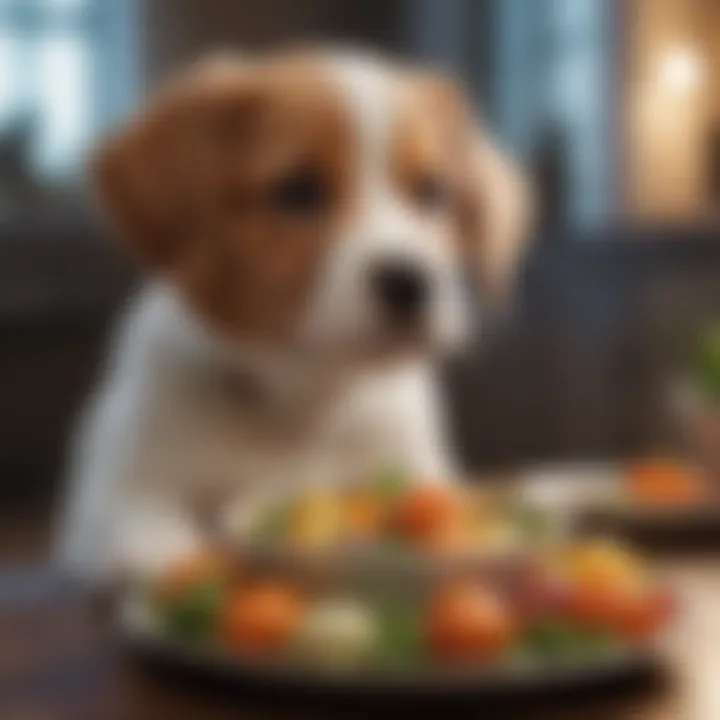 A puppy enjoying a bowl of high-quality food with vibrant vegetables