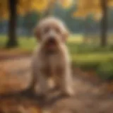 A golden doodle playing in a park