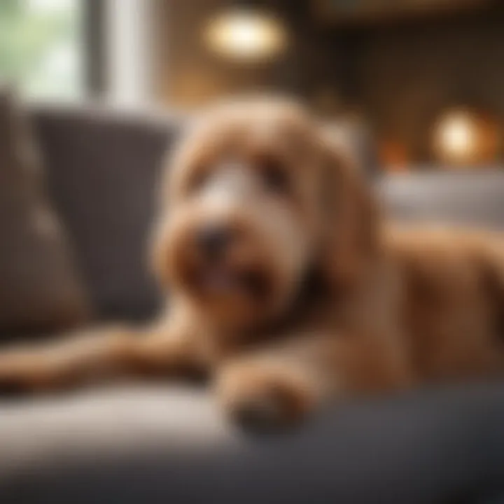 A labradoodle curled up on a cozy couch