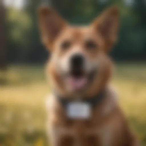 A joyful dog with a collar showcasing its name tag.