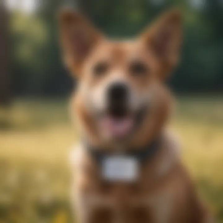 A joyful dog with a collar showcasing its name tag.