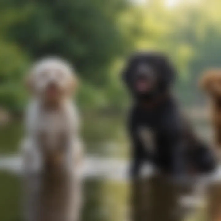 Group of various water dog breeds at a park