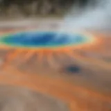 A breathtaking view of the Grand Prismatic Spring in Yellowstone National Park during summer, showcasing its vibrant colors.