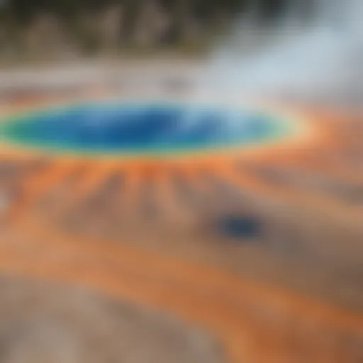 A breathtaking view of the Grand Prismatic Spring in Yellowstone National Park during summer, showcasing its vibrant colors.