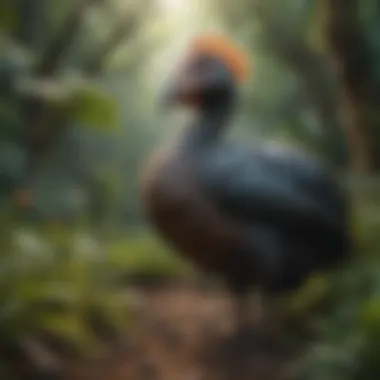 An artistic representation of the Dodo bird amidst lush flora.