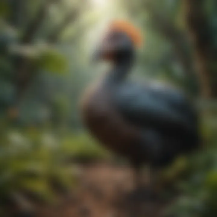 An artistic representation of the Dodo bird amidst lush flora.