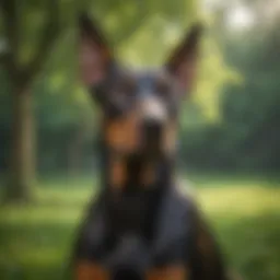 Elegant European Doberman standing in a lush green park