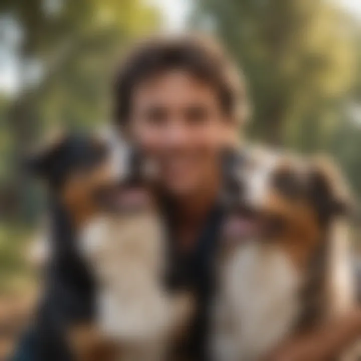 An Australian Shepherd playing with its owner