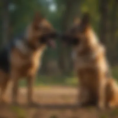 A group of German Shepherds engaging in socialization exercises with their trainers