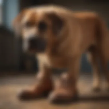 Dog owner fitting shoes on their large dog