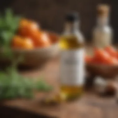 A bottle of flax oil placed on a wooden surface with a backdrop of fresh vegetables