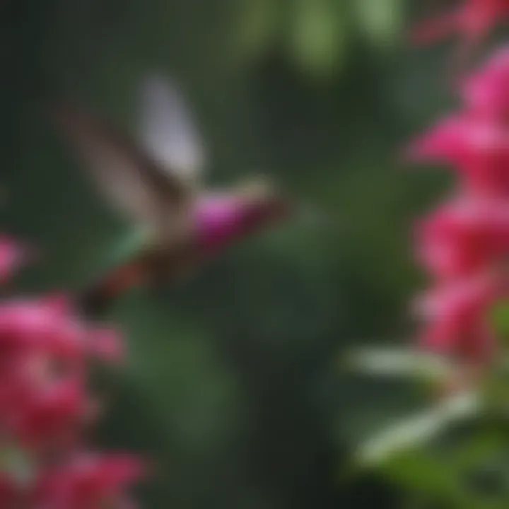 A close-up of a fuchsia bloom with a hummingbird hovering nearby