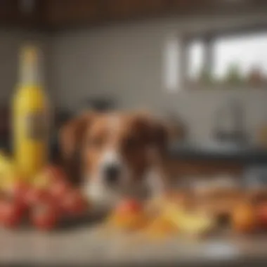 A variety of common household foods that are toxic to dogs, displayed on a kitchen counter.