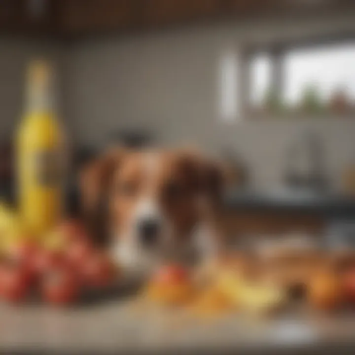 A variety of common household foods that are toxic to dogs, displayed on a kitchen counter.