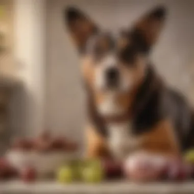 A dog looking curiously at a bowl filled with chocolate, grapes, and onions, which are harmful to its health.