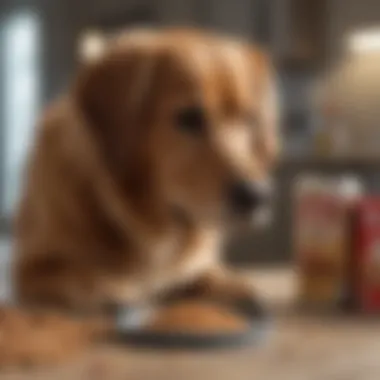 A concerned pet owner reading a label of a dog food product to identify harmful ingredients.