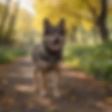 A Gerberian Shepsky enjoying a walk in a scenic park.