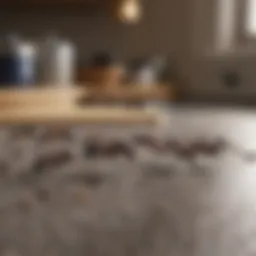 Close-up of ants on a kitchen countertop, highlighting their presence in residential spaces.