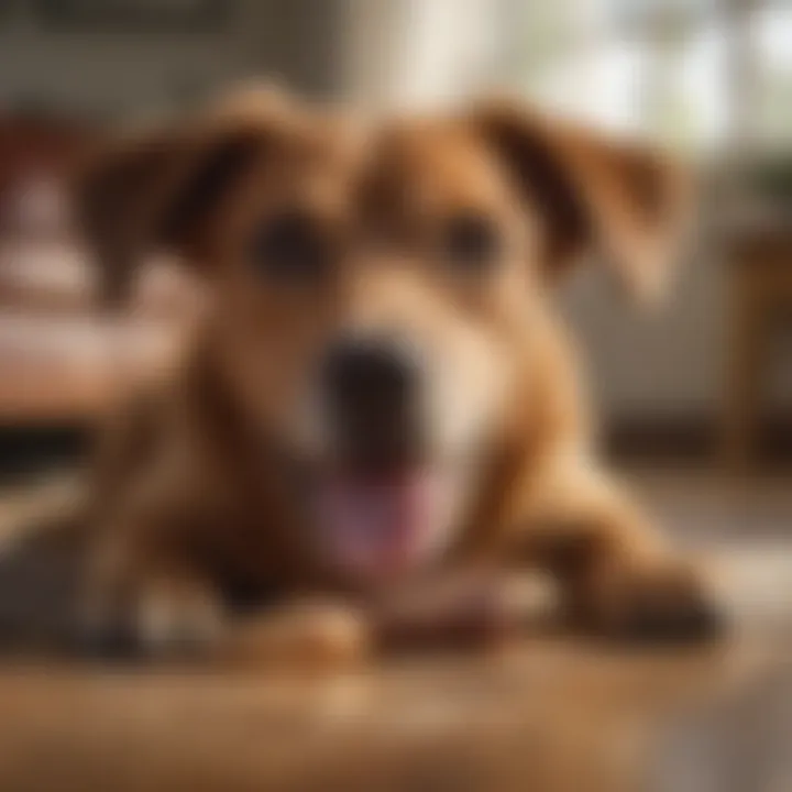 A playful dog with a chew toy in a cozy home setting