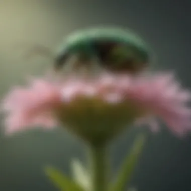 Green Beetle in Pollination Side view of a green beetle perched on a flower, illustrating its role in pollination and ecosystem balance.